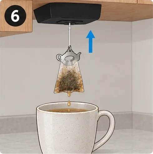 Der Teeheber hebt den tropfenden Beutel aus der Tasse